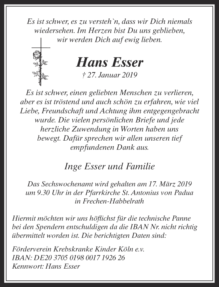  Traueranzeige für Hans Esser vom 20.02.2019 aus  Wochenende 