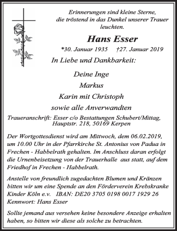 Anzeige von Hans Esser von  Sonntags-Post 