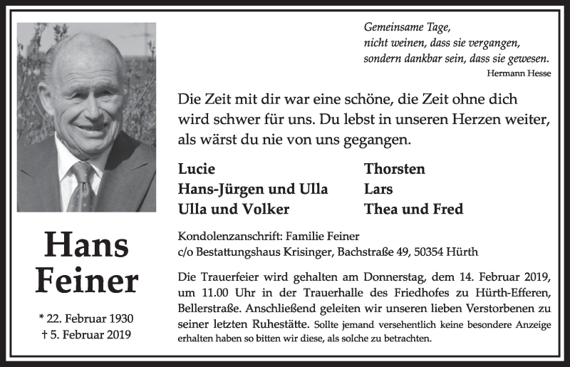  Traueranzeige für Hans Feiner vom 09.02.2019 aus  Sonntags-Post 
