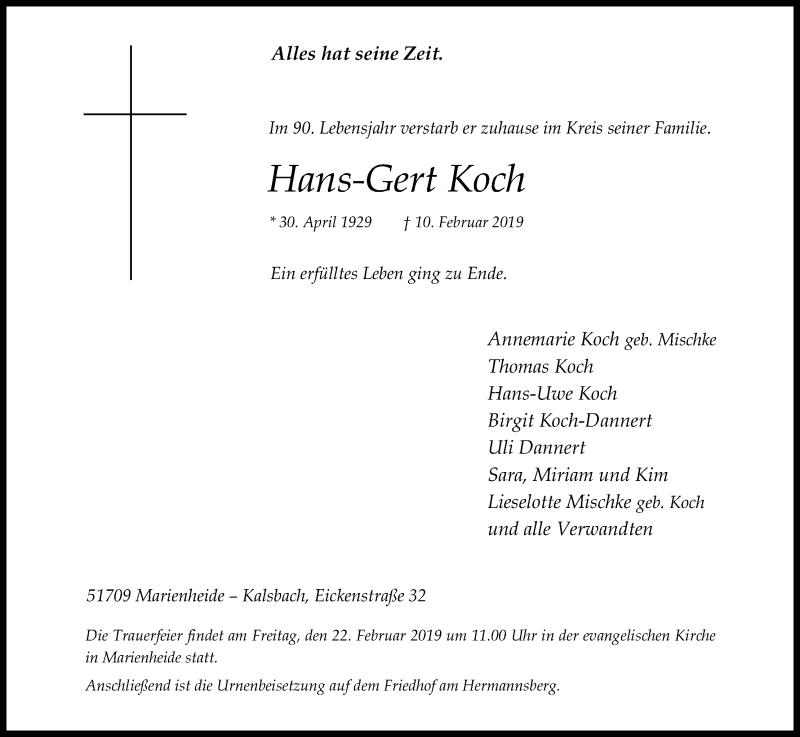  Traueranzeige für Hans-Gert Koch vom 16.02.2019 aus Kölner Stadt-Anzeiger / Kölnische Rundschau / Express