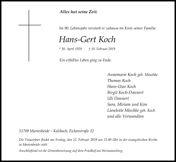 Anzeige von Hans-Gert Koch von Kölner Stadt-Anzeiger / Kölnische Rundschau / Express