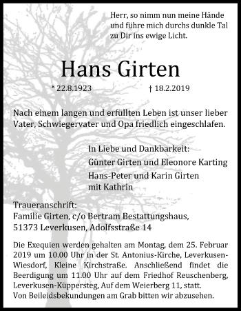 Anzeige von Hans Girten von Kölner Stadt-Anzeiger / Kölnische Rundschau / Express