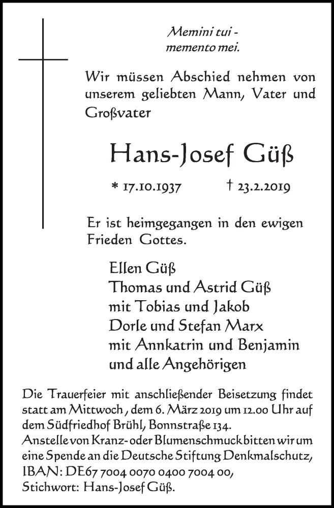  Traueranzeige für Hans-Josef Güß vom 27.02.2019 aus  Schlossbote/Werbekurier 