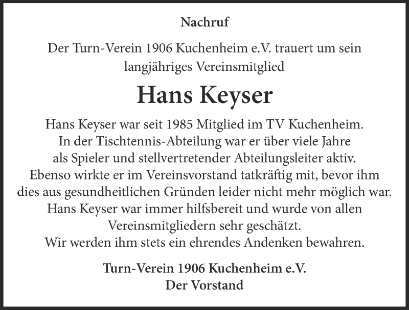  Traueranzeige für Hans Keyser vom 02.02.2019 aus  Blickpunkt Euskirchen 