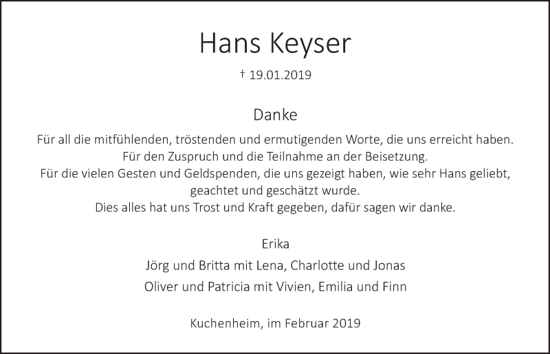  Traueranzeige für Hans Keyser vom 23.02.2019 aus  Blickpunkt Euskirchen 