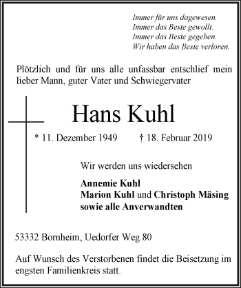 Anzeige von Hans Kuhl von  Schaufenster/Blickpunkt 