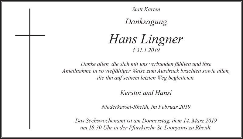  Traueranzeige für Hans Lingner vom 27.02.2019 aus  Extra Blatt 