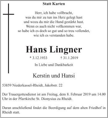 Anzeige von Hans Lingner von  Extra Blatt 