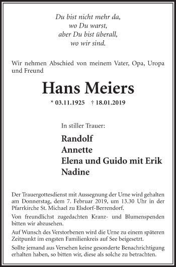 Anzeige von Hans Meiers von  Sonntags-Post 