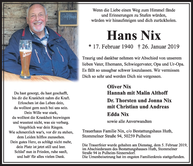  Traueranzeige für Hans Nix vom 09.02.2019 aus  Sonntags-Post 