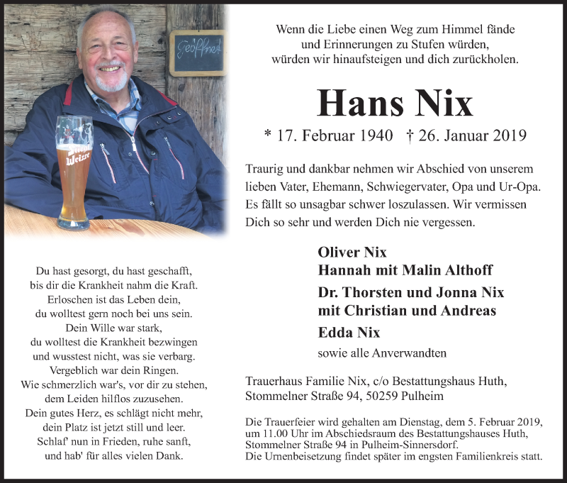  Traueranzeige für Hans Nix vom 02.02.2019 aus Kölner Stadt-Anzeiger / Kölnische Rundschau / Express