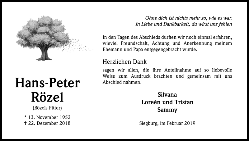  Traueranzeige für Hans-Peter Rözel vom 16.02.2019 aus Kölner Stadt-Anzeiger / Kölnische Rundschau / Express