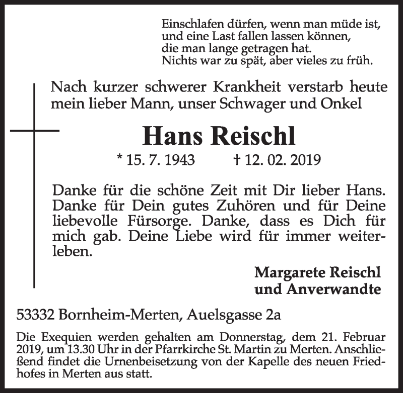  Traueranzeige für Hans Reischl vom 20.02.2019 aus  Schlossbote/Werbekurier 