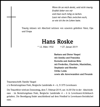 Anzeige von Hans Roske von Kölner Stadt-Anzeiger / Kölnische Rundschau / Express