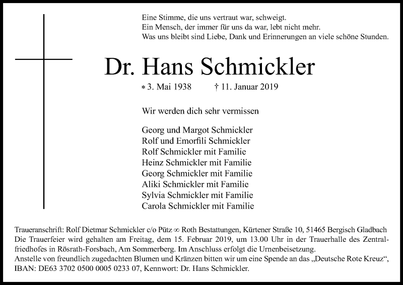  Traueranzeige für Hans Schmickler vom 09.02.2019 aus Kölner Stadt-Anzeiger / Kölnische Rundschau / Express