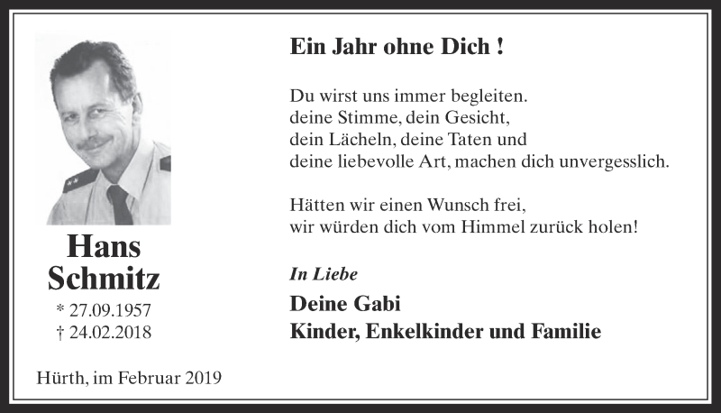  Traueranzeige für Hans Schmitz vom 20.02.2019 aus  Wochenende 