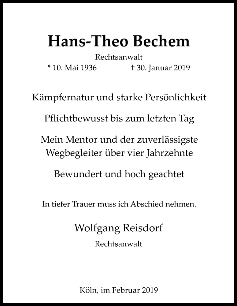  Traueranzeige für Hans-Theo Bechem vom 09.02.2019 aus Kölner Stadt-Anzeiger / Kölnische Rundschau / Express