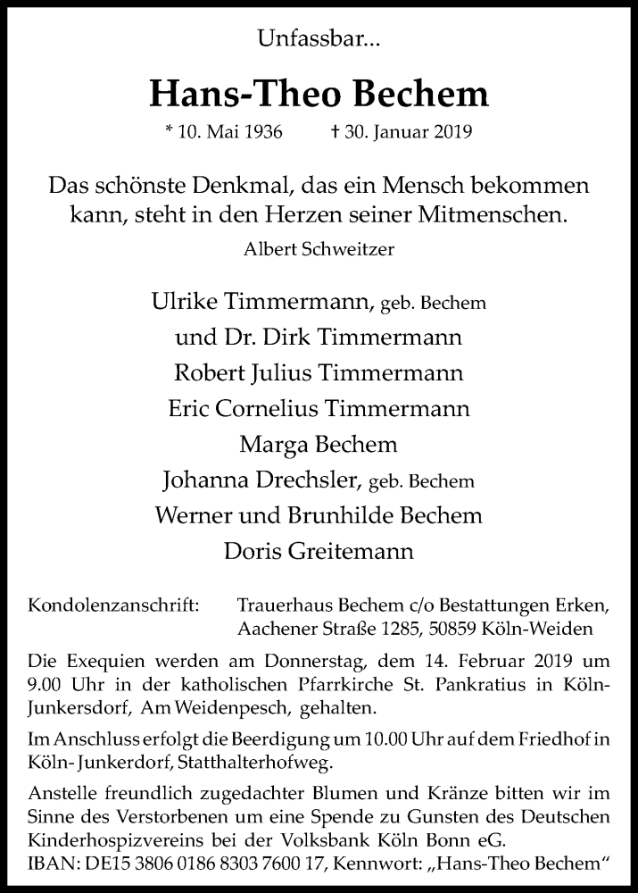  Traueranzeige für Hans-Theo Bechem vom 09.02.2019 aus Kölner Stadt-Anzeiger / Kölnische Rundschau / Express