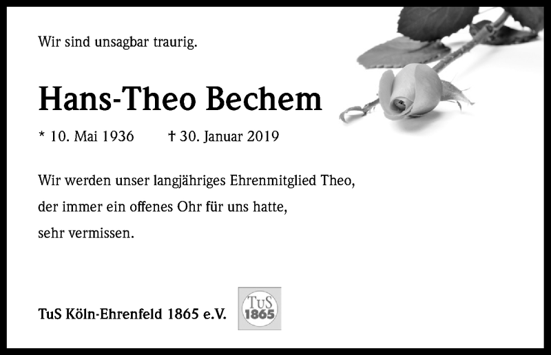  Traueranzeige für Hans-Theo Bechem vom 13.02.2019 aus Kölner Stadt-Anzeiger / Kölnische Rundschau / Express
