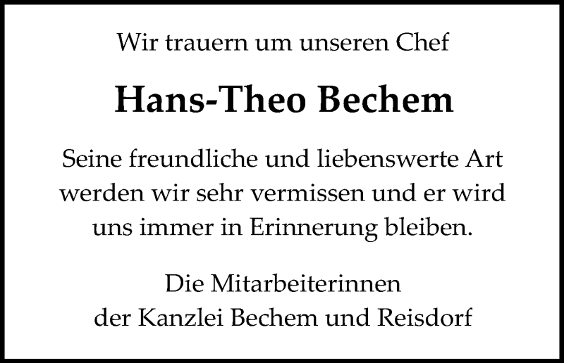  Traueranzeige für Hans-Theo Bechem vom 09.02.2019 aus Kölner Stadt-Anzeiger / Kölnische Rundschau / Express