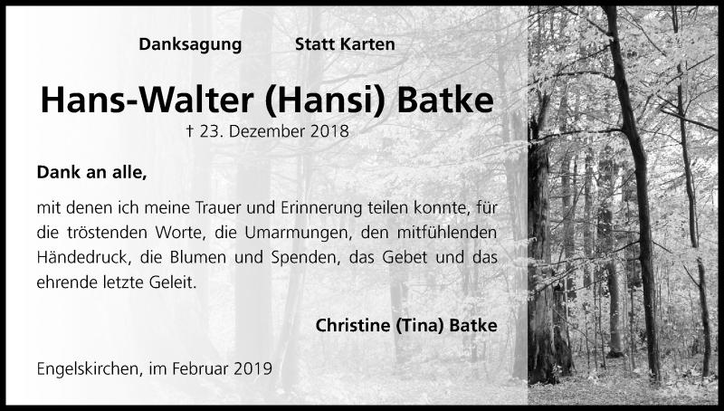  Traueranzeige für Hans-Walter Batke vom 09.02.2019 aus Kölner Stadt-Anzeiger / Kölnische Rundschau / Express