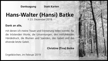 Anzeige von Hans-Walter Batke von Kölner Stadt-Anzeiger / Kölnische Rundschau / Express