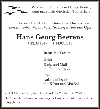 Anzeige von Hans Georg Beerens von  Anzeigen Echo 