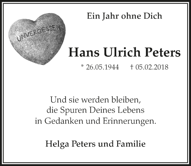 Traueranzeige für Hans Ulrich Peters vom 06.02.2019 aus  Lokalanzeiger 