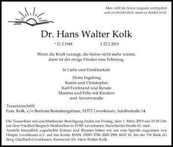 Anzeige von Hans Walter Kolk von Kölner Stadt-Anzeiger / Kölnische Rundschau / Express
