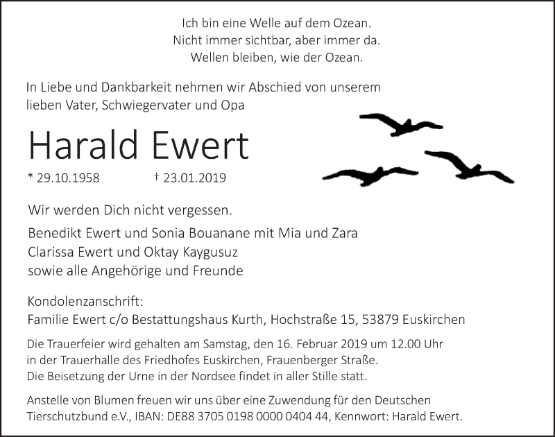  Traueranzeige für Harald Ewert vom 09.02.2019 aus  Blickpunkt Euskirchen 