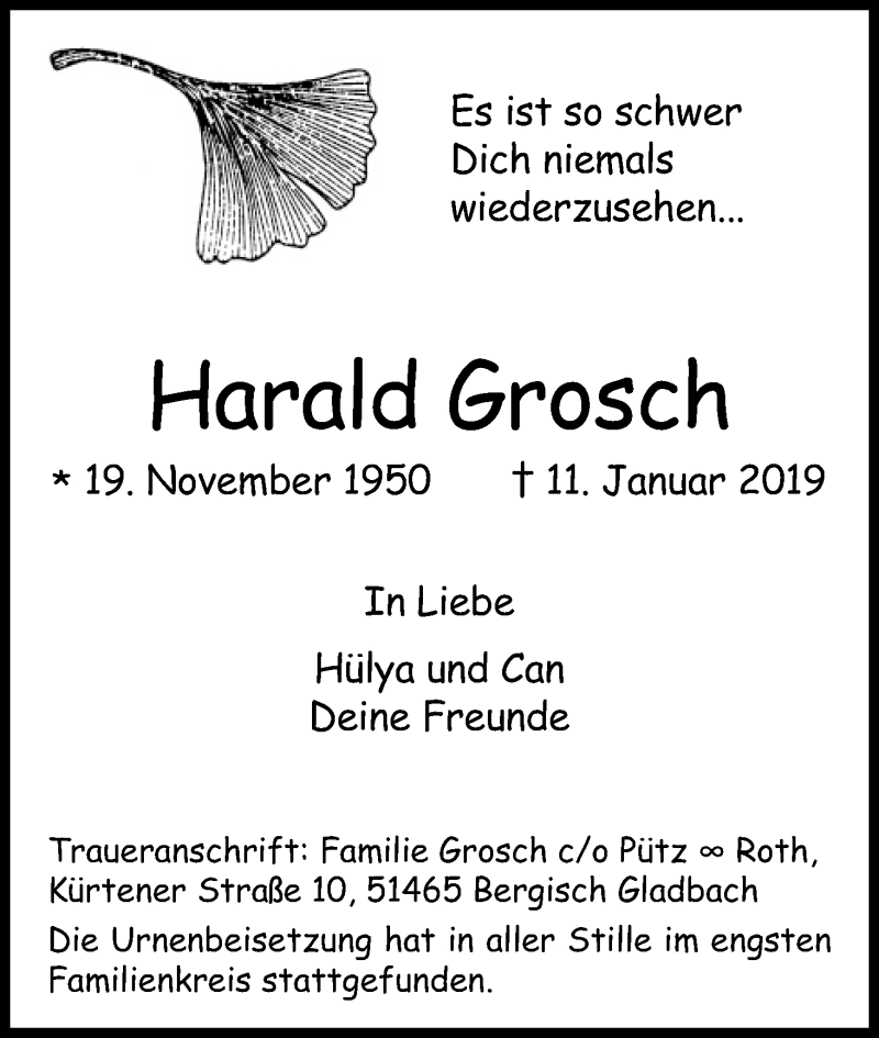  Traueranzeige für Harald Grosch vom 23.02.2019 aus Kölner Stadt-Anzeiger / Kölnische Rundschau / Express