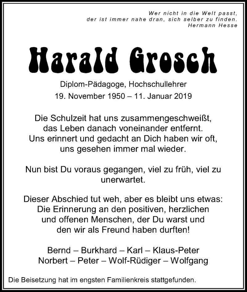  Traueranzeige für Harald Grosch vom 23.02.2019 aus Kölner Stadt-Anzeiger / Kölnische Rundschau / Express