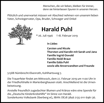 Anzeige von Harald Puhl von Kölner Stadt-Anzeiger / Kölnische Rundschau / Express