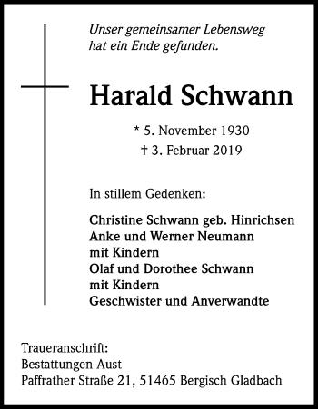 Anzeige von Harald Schwann von Kölner Stadt-Anzeiger / Kölnische Rundschau / Express