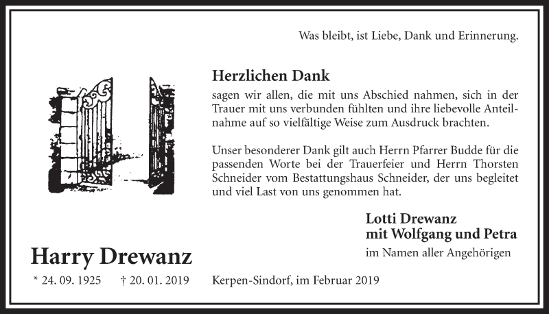  Traueranzeige für Harry Drewanz vom 23.02.2019 aus  Sonntags-Post 
