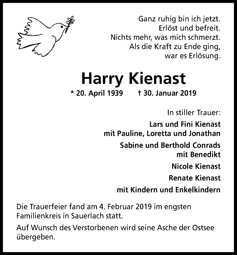  Traueranzeige für Harry Kienast vom 14.02.2019 aus Kölner Stadt-Anzeiger / Kölnische Rundschau / Express