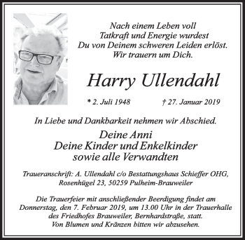 Anzeige von Harry Ullendahl von  Sonntags-Post 