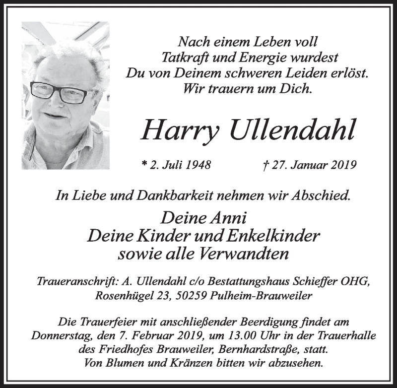  Traueranzeige für Harry Ullendahl vom 02.02.2019 aus  Sonntags-Post 