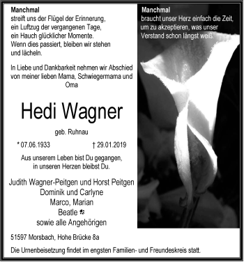 Anzeige von Hedi Wagner von  Lokalanzeiger 