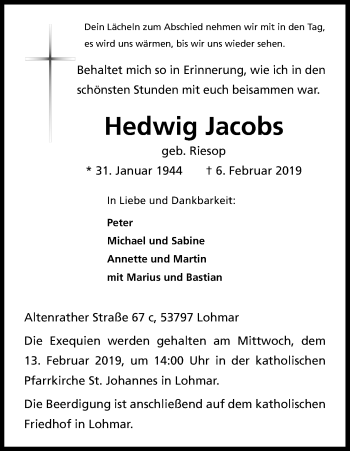 Anzeige von Hedwig Jacobs von Kölner Stadt-Anzeiger / Kölnische Rundschau / Express