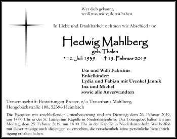 Anzeige von Hedwig Mahlberg von  Blickpunkt Euskirchen 