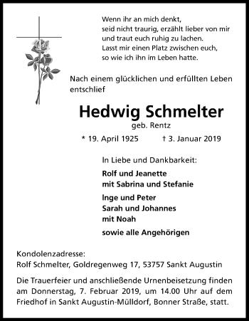 Anzeige von Hedwig Schmelter von Kölner Stadt-Anzeiger / Kölnische Rundschau / Express
