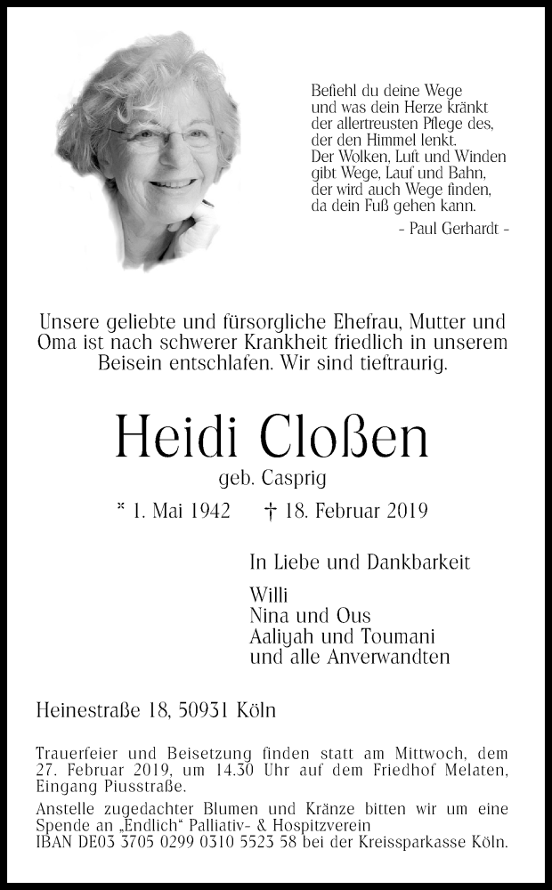  Traueranzeige für Heidi Cloßen vom 23.02.2019 aus Kölner Stadt-Anzeiger / Kölnische Rundschau / Express
