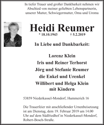 Anzeige von Heidi Reumer von  Extra Blatt 
