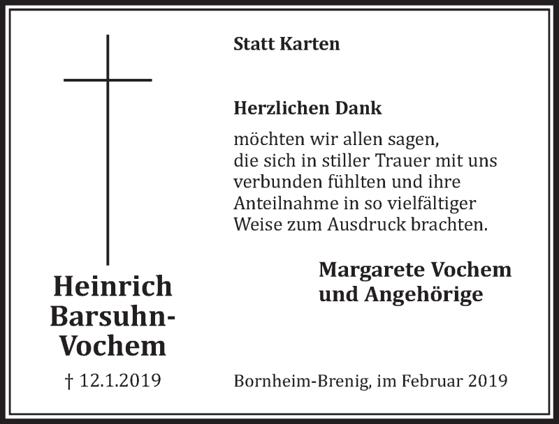 Traueranzeige für Heinrich Barsuhn-Vochem vom 13.02.2019 aus  Schaufenster/Blickpunkt  Schlossbote/Werbekurier 