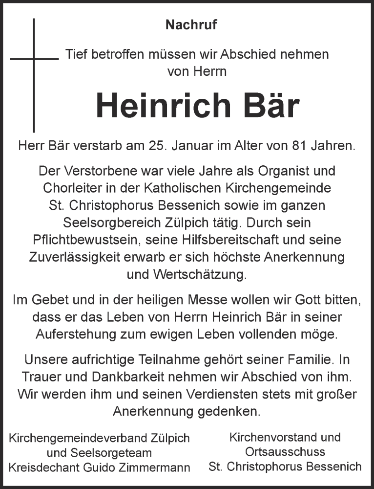  Traueranzeige für Heinrich Bär vom 02.02.2019 aus  Blickpunkt Euskirchen 