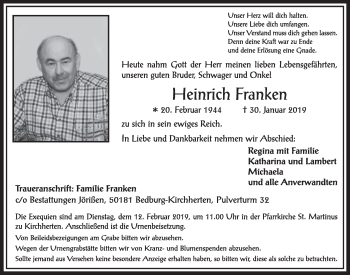 Anzeige von Heinrich Franken von  Sonntags-Post 