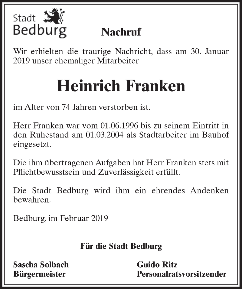  Traueranzeige für Heinrich Franken vom 16.02.2019 aus  Sonntags-Post 