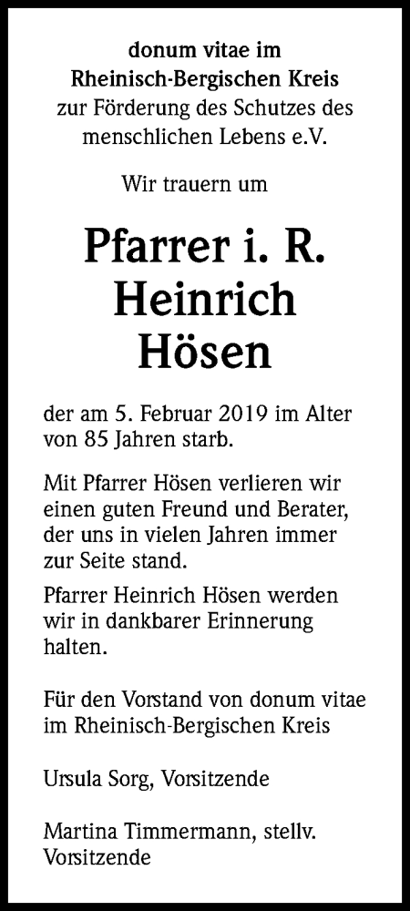  Traueranzeige für Heinrich Hösen vom 12.02.2019 aus Kölner Stadt-Anzeiger / Kölnische Rundschau / Express