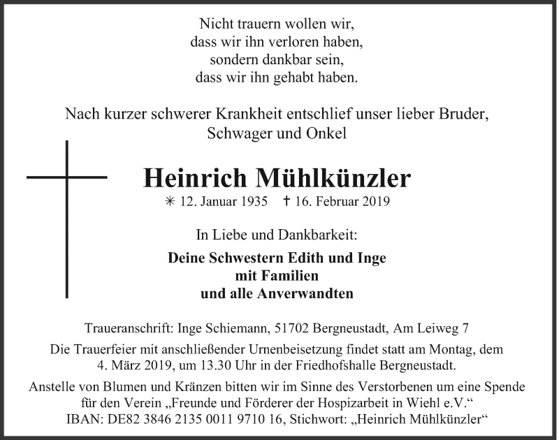  Traueranzeige für Heinrich Mühlkünzler vom 27.02.2019 aus  Anzeigen Echo 
